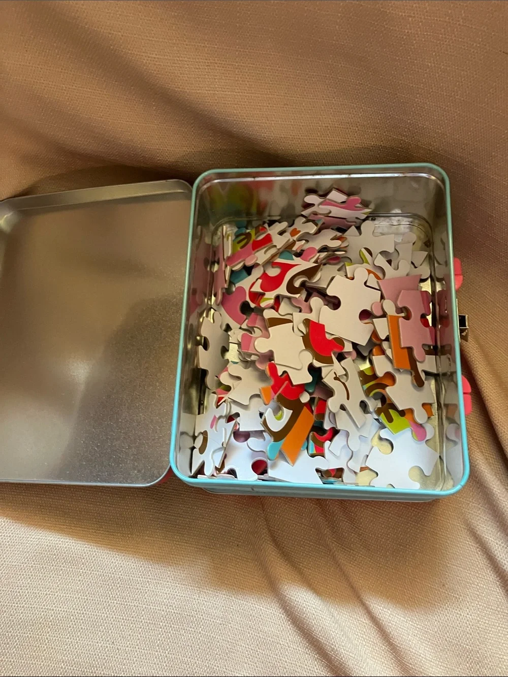 Hello Kitty Pink Puzzle Multicolor Heart Peace Tin Lunch Box